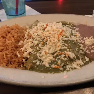 Tomatillo Enchiladas - chicken (2) with rice &amp; beans