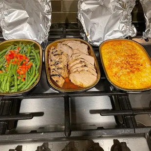 Green beans, grilled pork tenderloin, and twice baked potato casserole