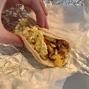 Egg and bacon breakfast taco.