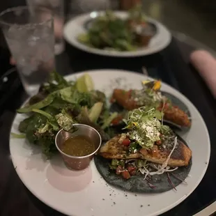 Salmon and crispy fish tacos