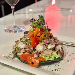 SPANISH OCTOPUS CEVICHE TOSTADA-Guacamole, Celery, Red Onion, Habanero Relish, El Metate Blue Corn Tostada w/ANCIENT PEAK MERLOT