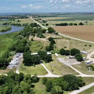 2.) Aerial view of Tres Palacios RV Park, river and bay.