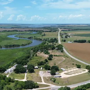 1.) Aerial view of Tres Palacios RV Park, river and bay.