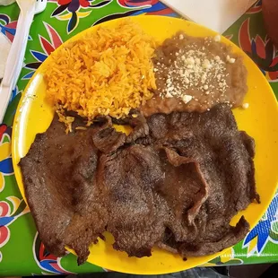 Carne Asada with Fresh Corn Tortillas and Rice snd Brans