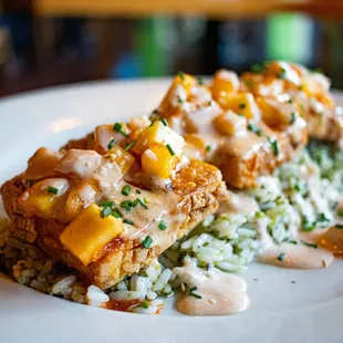 Korean Fried Tofu  Extra-Firm tofu, pineapple kimchi, green rice, chipotle yuzu aioli
