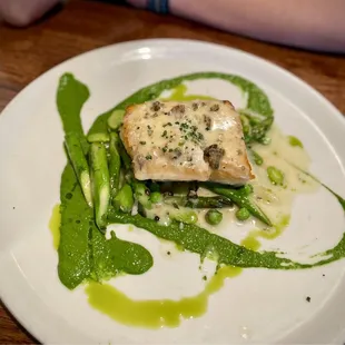 Halibut with asparagus and fava bean puree (daily special)
