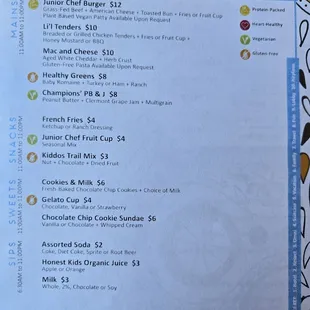 Kids menu