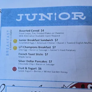 Kids menu