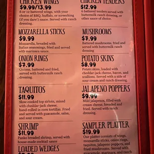 Appetizer menu