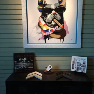 "French Bulldog Smoking a Cigar"  Hand-painted white gloss frame, sapphire linen liner framing heavy oil painting
