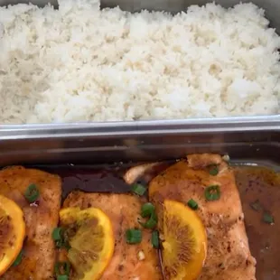 Chicken, rice and orange glazed salmon