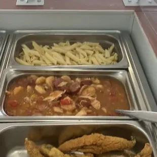 Penne pasta, gumbo, fried whiting