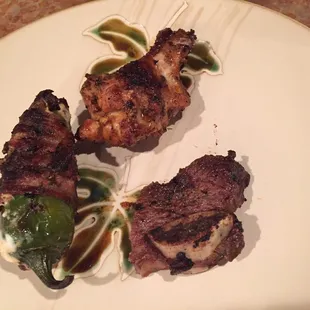 Grilled chicken wing, cross cut ribs &amp; their stuffed jalapeño (steak). HIGHLY recommend the stuffed pepper-  can't wait to try others!