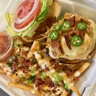 Jalapeño popper burger basket loaded bacon cheddar fries