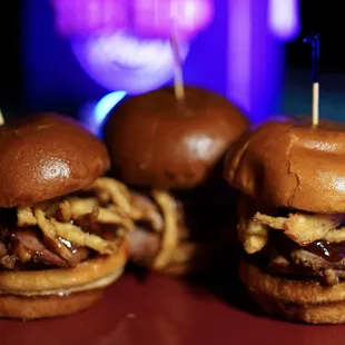 Tri-Tip Sliders with crispy onion straws.