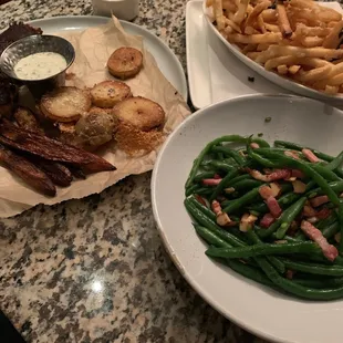 Lobster Stuffed Crab Cakes (left), Smokehouse Green Beans (bottom right), Truffle &amp; Parmesan Fries (top right)