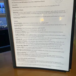 Tapas menu
