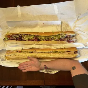 Two Battleship Sandwich. One Turkey and one Roast Beef Sandwich.