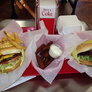 Jumbo Bacon Burger, Jumbo Chili Burger, fries and Zucchini