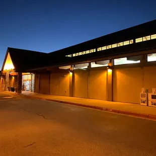 the outside of a building at night