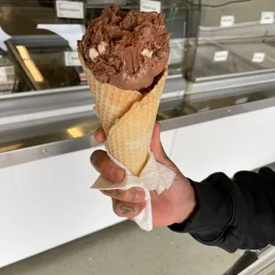 Rocky road in a waffle cone