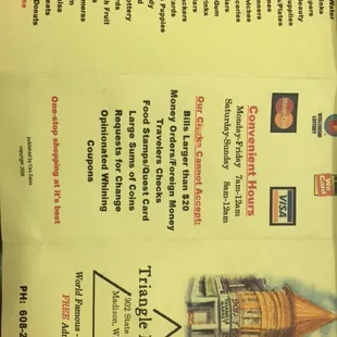 the menu for the restaurant