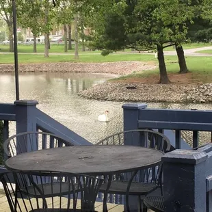 a table and chairs on a deck overlooking a pond