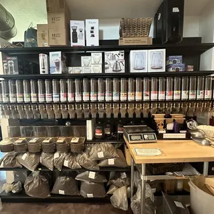 a coffee shop with a variety of coffees