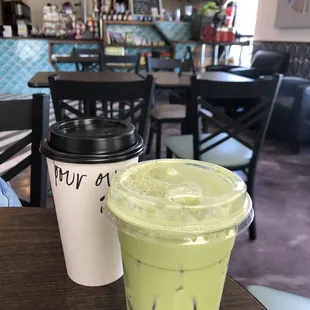 Geisha pour over, shaken matcha latte