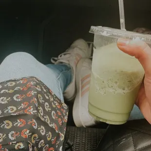 Blended matcha with almond milk