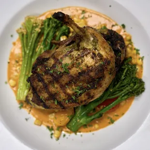 Grilled Amish Chicken with sofrito, sweet corn &amp; market vegetables