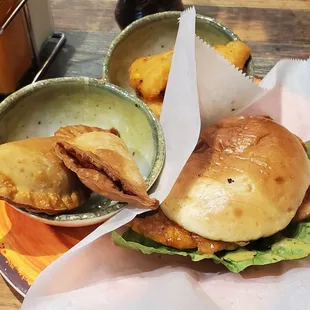 Empanadas, Mac &amp; Cheese bites,  Tribos crispy chicken sandwich