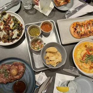 rib eye, brussel sprouts, flat bread, shrimp &amp; grits