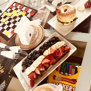 Peanut butter mocha latte, Nutella waffles, breakfast sandwich, and oatmeal