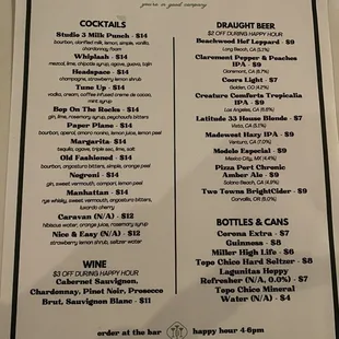 Drinks menu