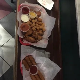 Mozzarella sticks, tater tots, wings, mini corn dogs