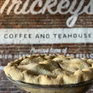 a pie in a glass bowl