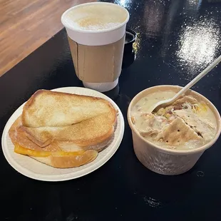 Today&apos;s special: grilled cheese and a cup of loaded baked potato soup with a caramel latte.