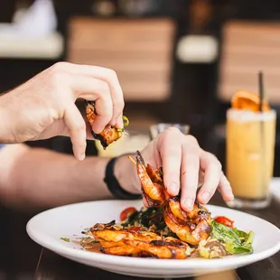 Bacon-Wrapped Shrimp - orzo pilaf, maple bourbon glaze