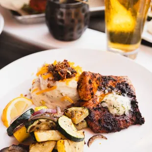 Mahi Mahi - herb butter, loaded mashed potatoes, sauteed zucchini &amp; squash