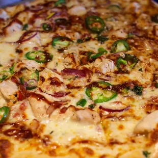 BBQ Chicken Pizza is amazing + jalapeños