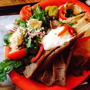 Damn good gyro with salad and hummus platter