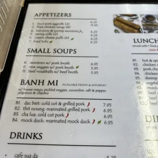 Menu: Appetizers, small soups, Bahn Mi
