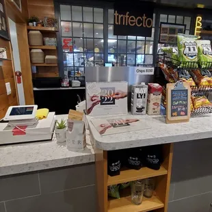 a counter with a variety of products