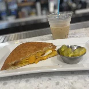 Bacon Egg &amp; Cheese Ciabatta with vanilla iced coffee w/half and half (AMAZING!!!!)