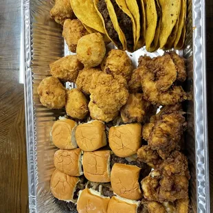 Sample of foods for a party. All bite sized finger foods. Toppings and sides not shown.