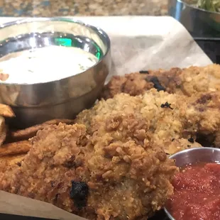 Steak fingers, gravy with bacon, homemade fries, homemade ketchup