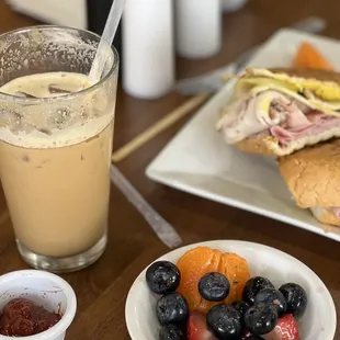 Cuban, chai latte, and fresh fruit