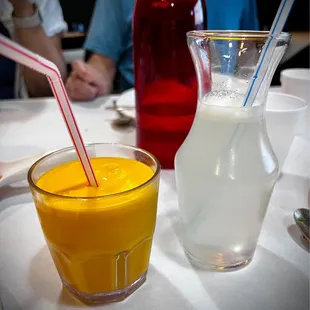 a glass of orange juice and a glass of water