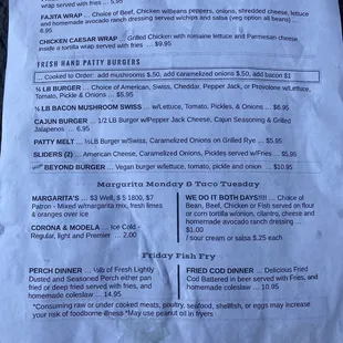 Name change to Trina O'Malley's? Food menu